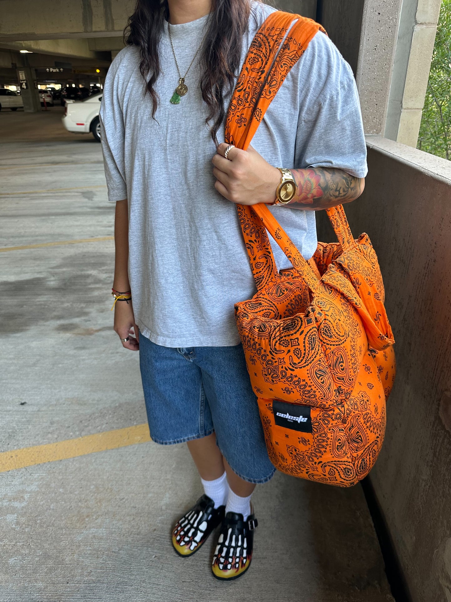 Citrus Paisley Puffer Tote Bag